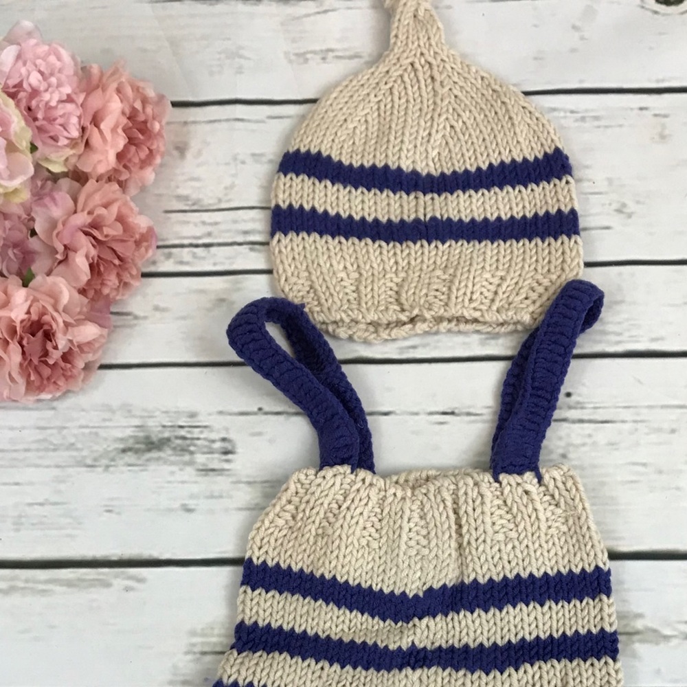 Newborn Baby Hand Knit Blue & Khaki Outfit Photography Prop - Picture 10 of 11
